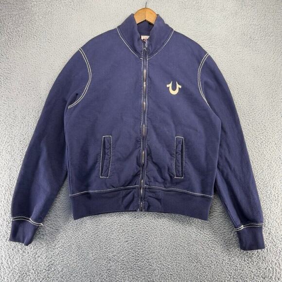 True Religion Track Jacket Men's 2XL Blue Sweatshirt Zip Up White Stitching Logo - Picture 1 of 10
